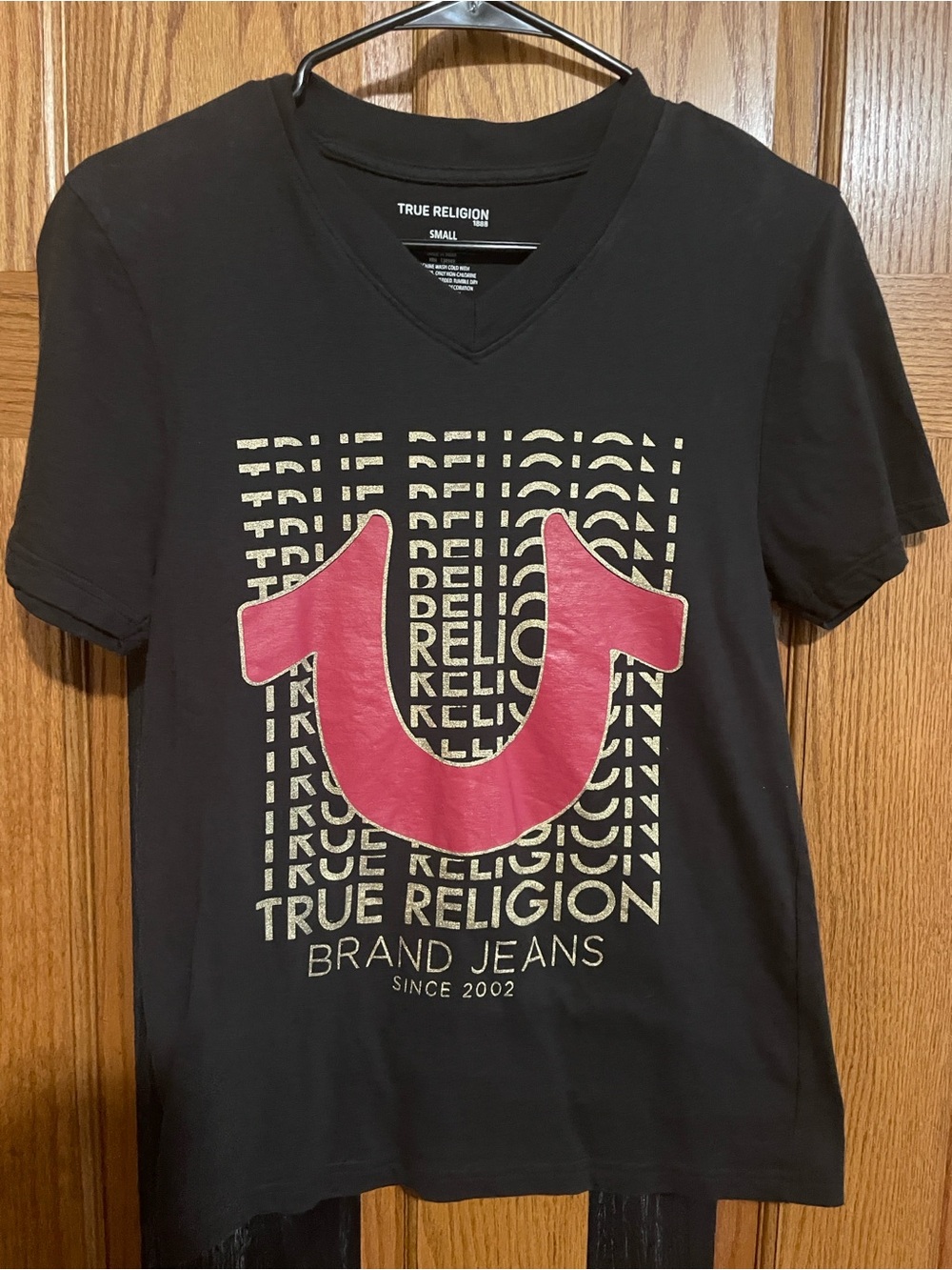 True Religion Black V-Neck Tee with Pink Horseshoe Graphic